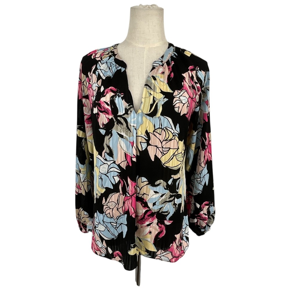 WHBM Black Floral‎ Print Split Neck Long Sleeve Blouse Women's Size S